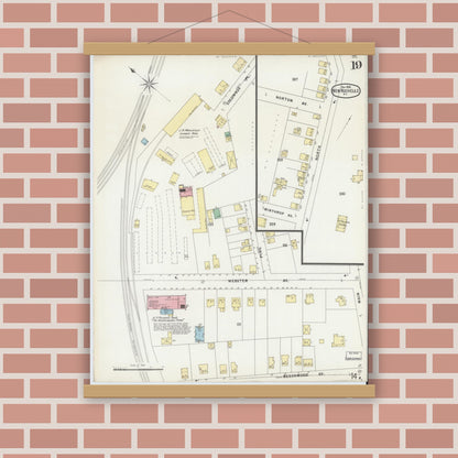 Old map wall art mockup — magnetic wood frame on brick wall — Sanborn Fire Insurance Map from New Rochelle, Westchester County, New York (1896), Sheet #0019