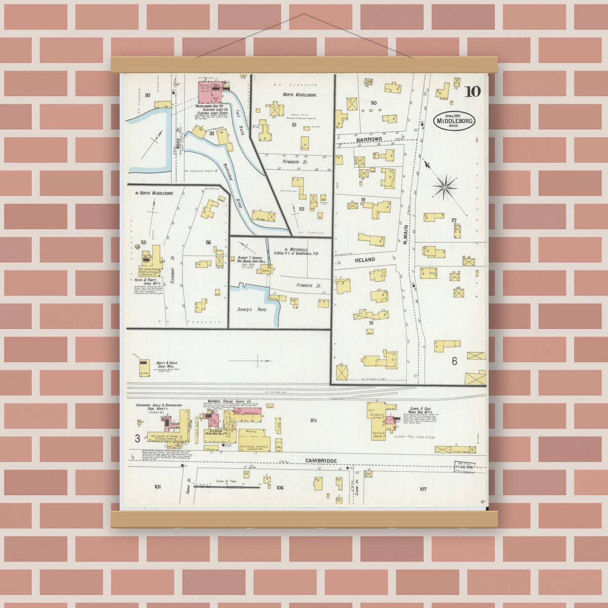 Old map wall art mockup — magnetic wood frame on brick wall — Sanborn Fire Insurance Map from Middleboro, Plymouth County, Massachusetts (1901), Sheet #0010