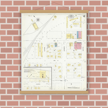 Old map wall art mockup — magnetic wood frame on brick wall — Sanborn Fire Insurance Map from Cisco, Eastland County, Texas (1907), Sheet #0004