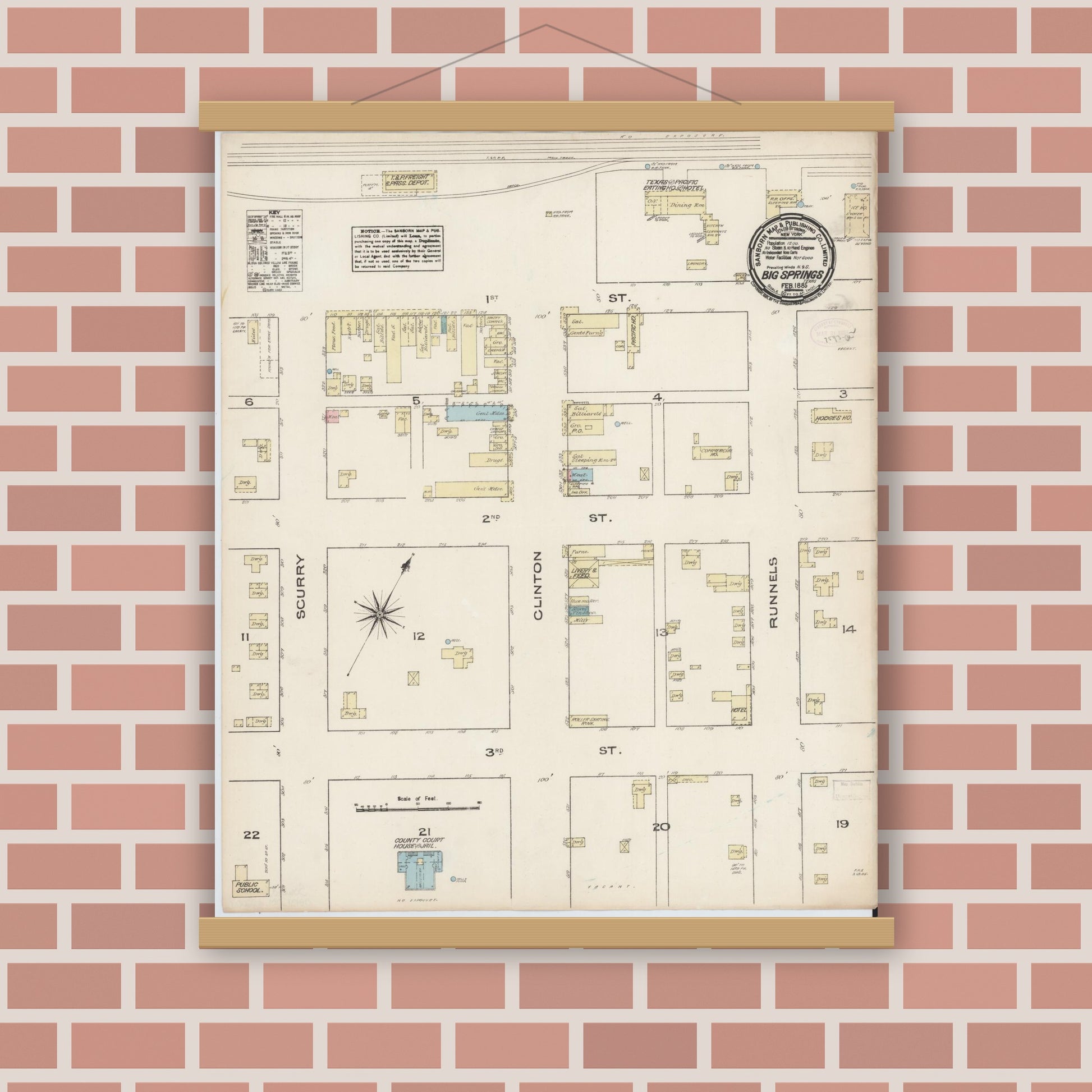 Old map wall art mockup — magnetic wood frame on brick wall — Sanborn Fire Insurance Map from Big Spring, Howard County, Texas (1885), Sheet #0001