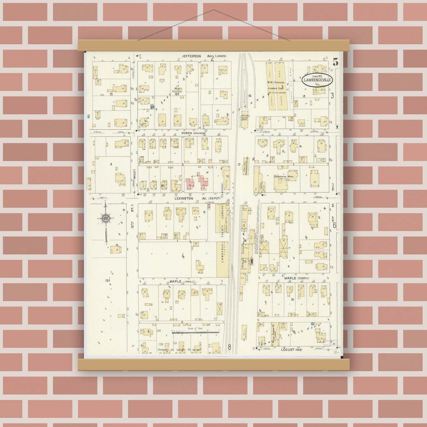 Old map wall art mockup — magnetic wood frame on brick wall — Sanborn Fire Insurance Map from Lawrenceville, Lawrence County, Illinois (1912), Sheet #0005