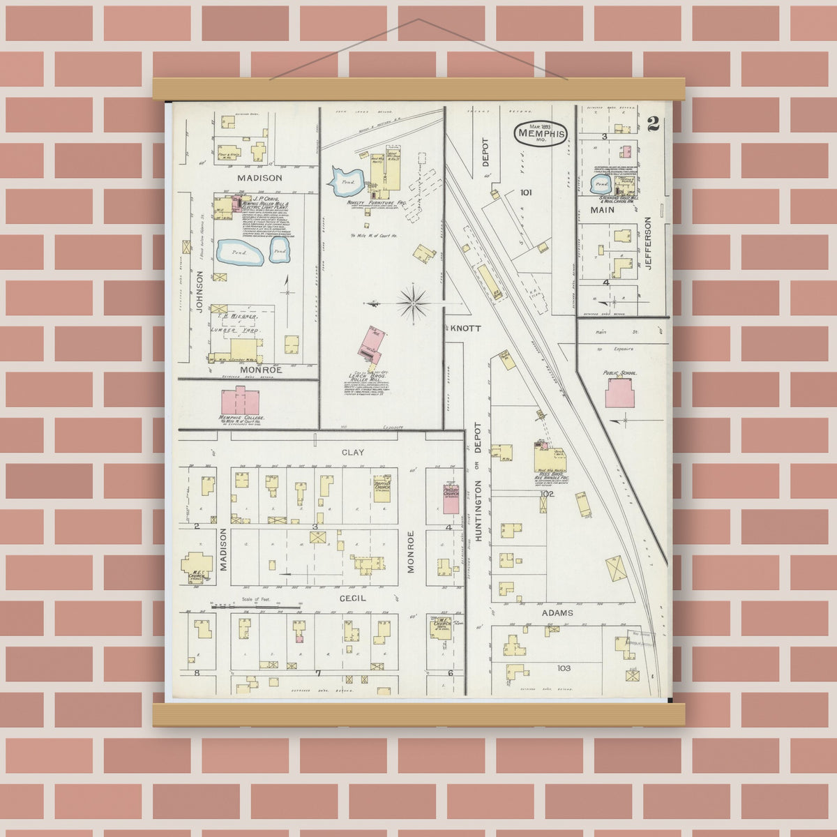 Old map wall art mockup — magnetic wood frame on brick wall — Sanborn Fire Insurance Map from Memphis, Scotland County, Missouri (1893), Sheet #0002