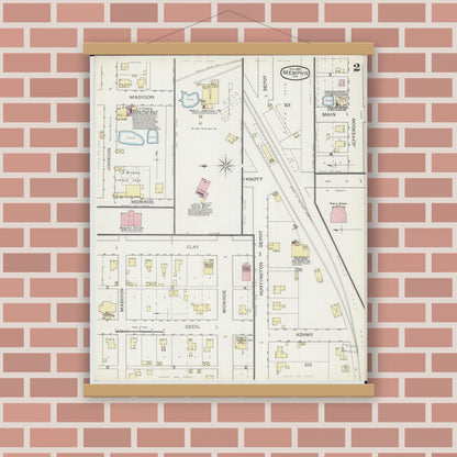Old map wall art mockup — magnetic wood frame on brick wall — Sanborn Fire Insurance Map from Memphis, Scotland County, Missouri (1893), Sheet #0002
