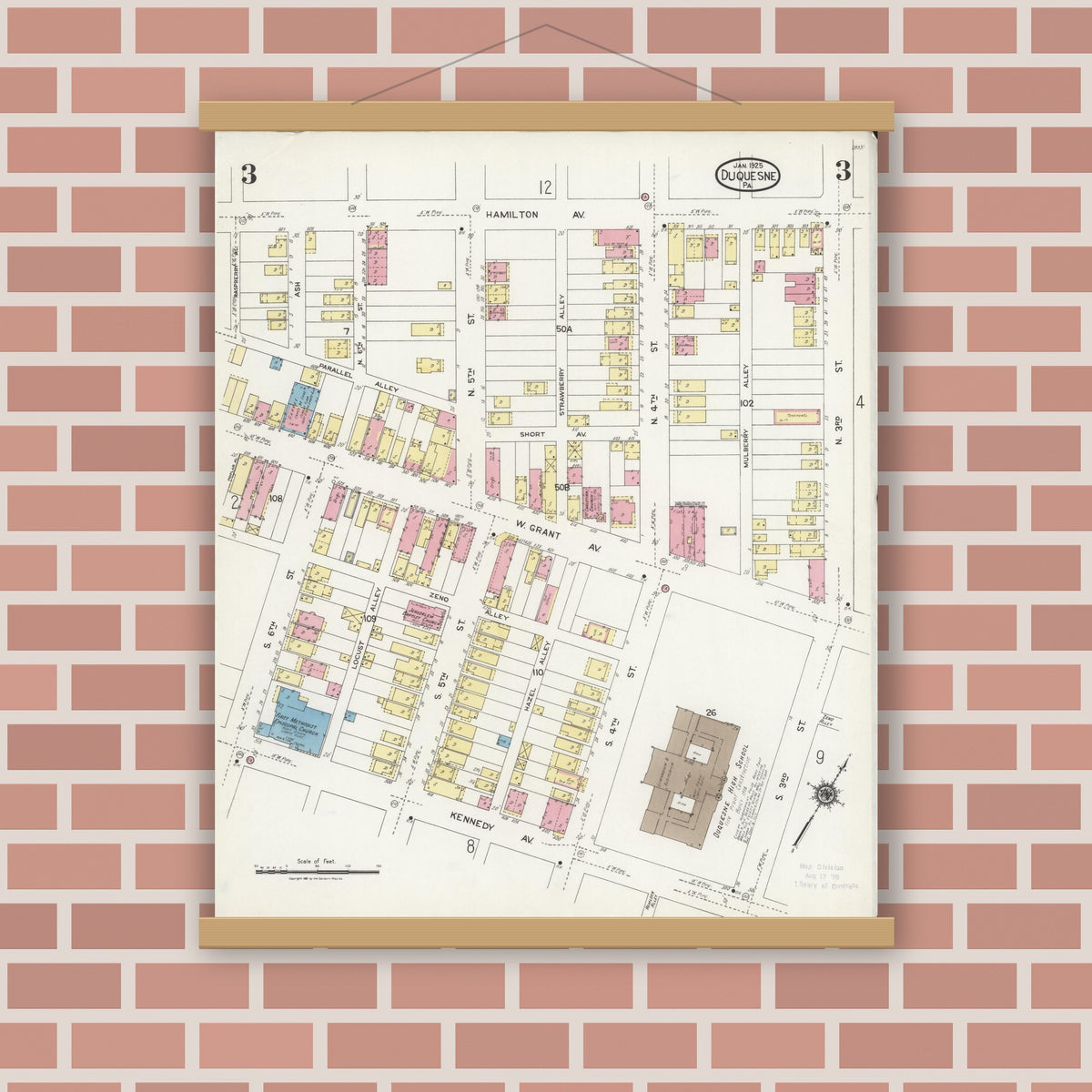 Old map wall art mockup — magnetic wood frame on brick wall — Sanborn Fire Insurance Map from Duquesne, Allegheny County, Pennsylvania (1925), Sheet #0003