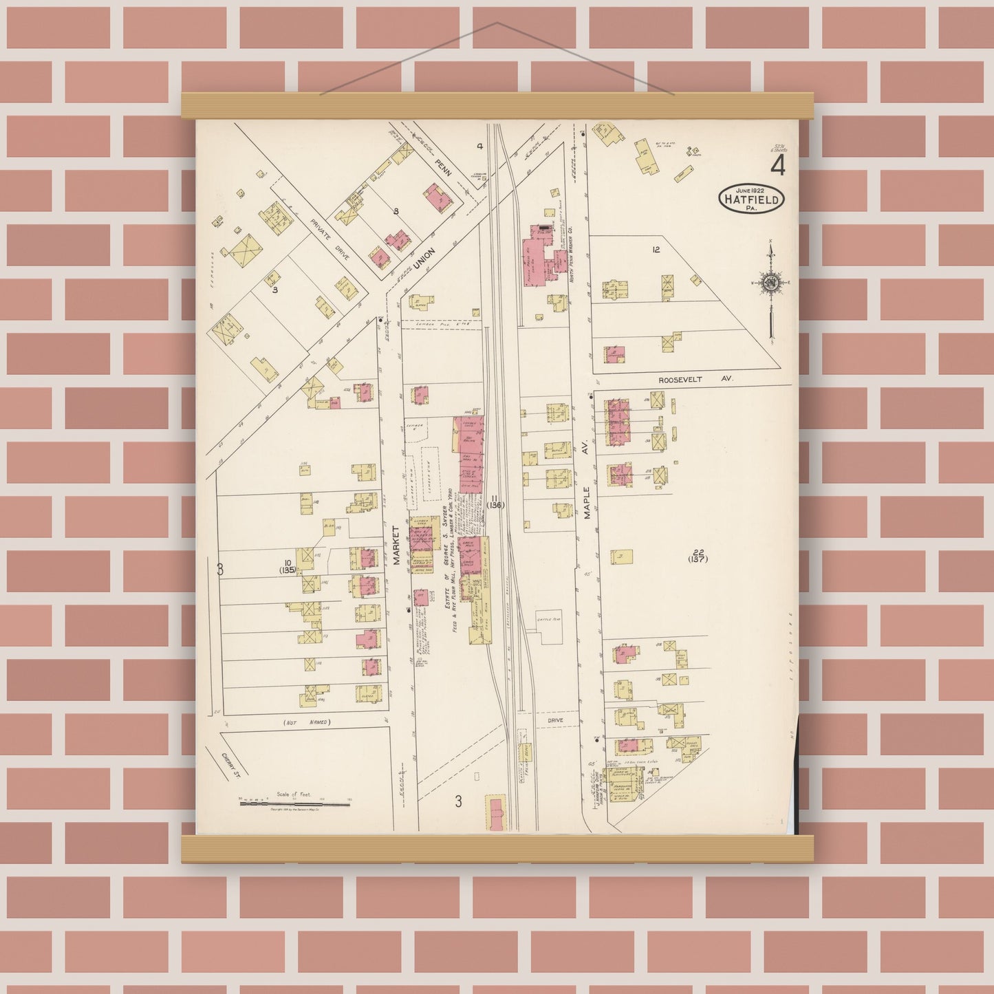 Old map wall art mockup — magnetic wood frame on brick wall — Sanborn Fire Insurance Map from Hatfield, Montgomery County, Pennsylvania (1922), Sheet #0004