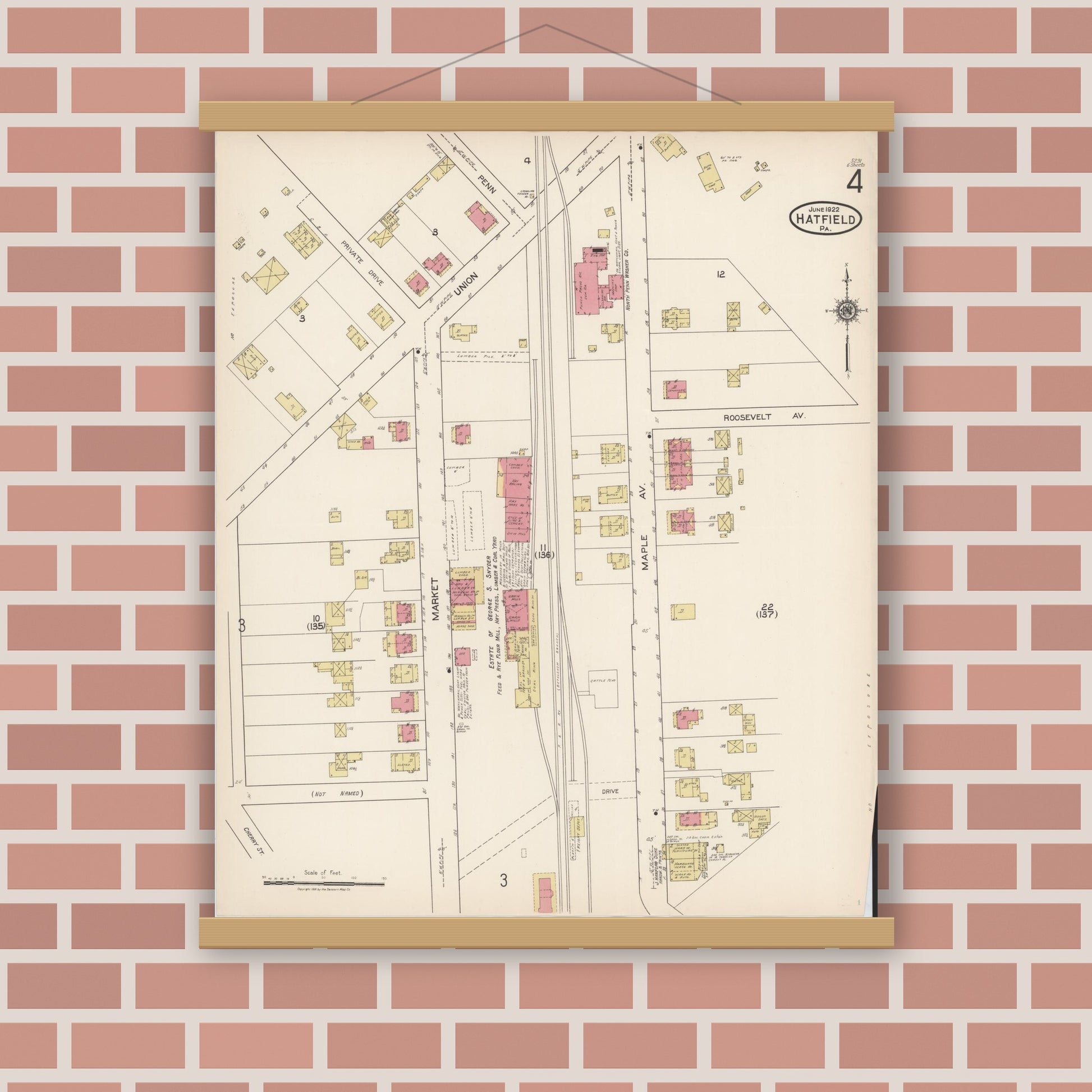 Old map wall art mockup — magnetic wood frame on brick wall — Sanborn Fire Insurance Map from Hatfield, Montgomery County, Pennsylvania (1922), Sheet #0004