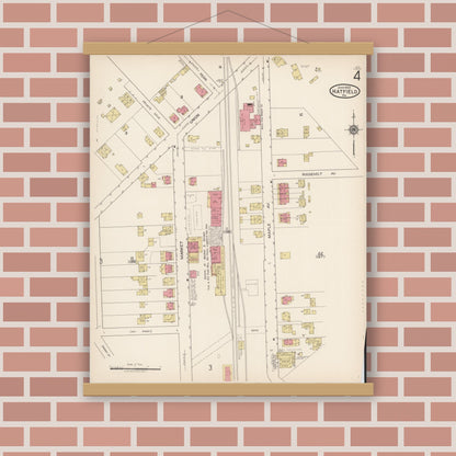 Old map wall art mockup — magnetic wood frame on brick wall — Sanborn Fire Insurance Map from Hatfield, Montgomery County, Pennsylvania (1922), Sheet #0004