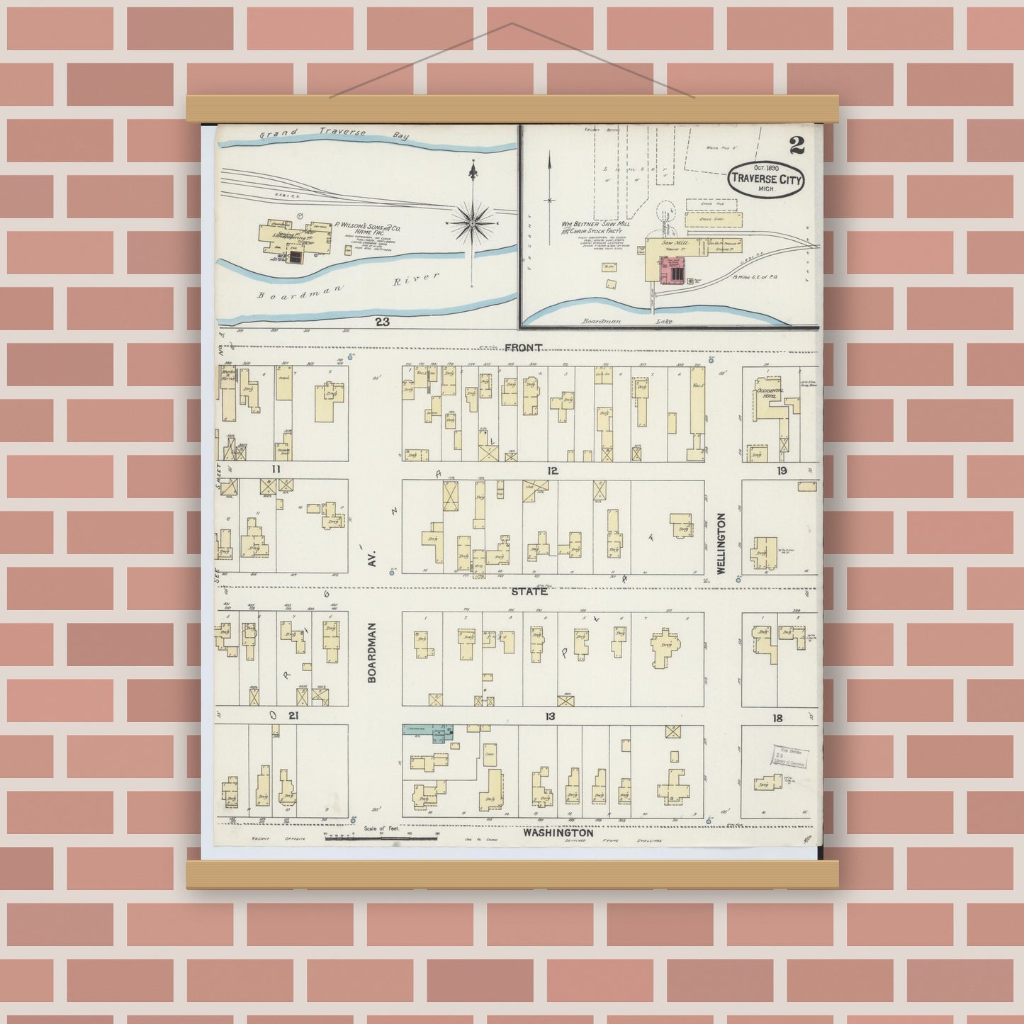 Old map wall art mockup — magnetic wood frame on brick wall — Sanborn Fire Insurance Map from Traverse City, Grand Traverse County, Michigan (1890), Sheet #0002