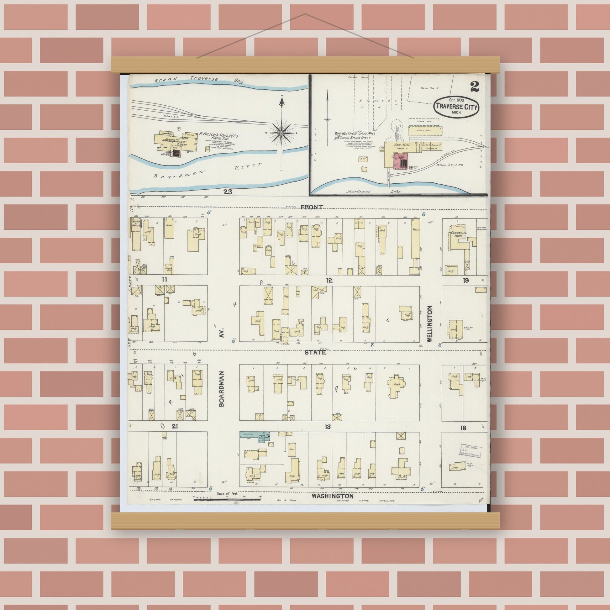 Old map wall art mockup — magnetic wood frame on brick wall — Sanborn Fire Insurance Map from Traverse City, Grand Traverse County, Michigan (1890), Sheet #0002