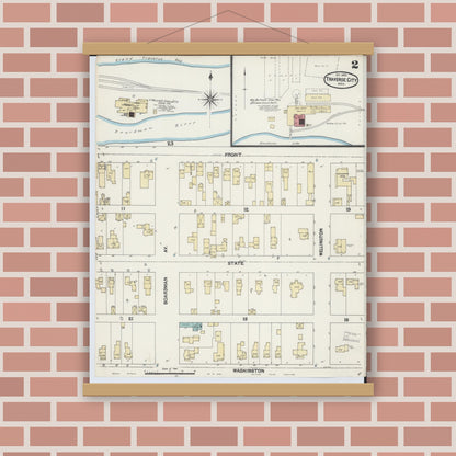 Old map wall art mockup — magnetic wood frame on brick wall — Sanborn Fire Insurance Map from Traverse City, Grand Traverse County, Michigan (1890), Sheet #0002