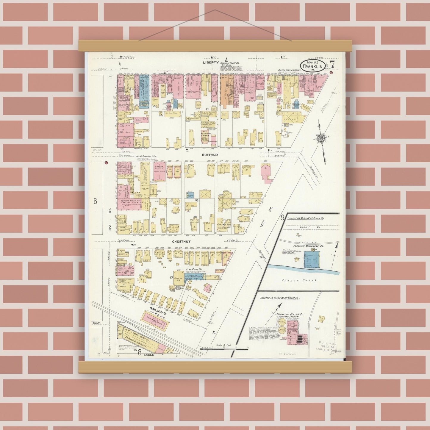 Old map wall art mockup — magnetic wood frame on brick wall — Sanborn Fire Insurance Map from Franklin, Venango County, Pennsylvania (1912), Sheet #0007
