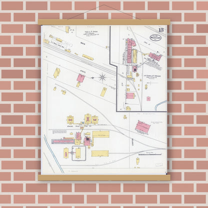 Old map wall art mockup — magnetic wood frame on brick wall — Sanborn Fire Insurance Map from Waukegan, Lake County, Illinois (1900), Sheet #0013