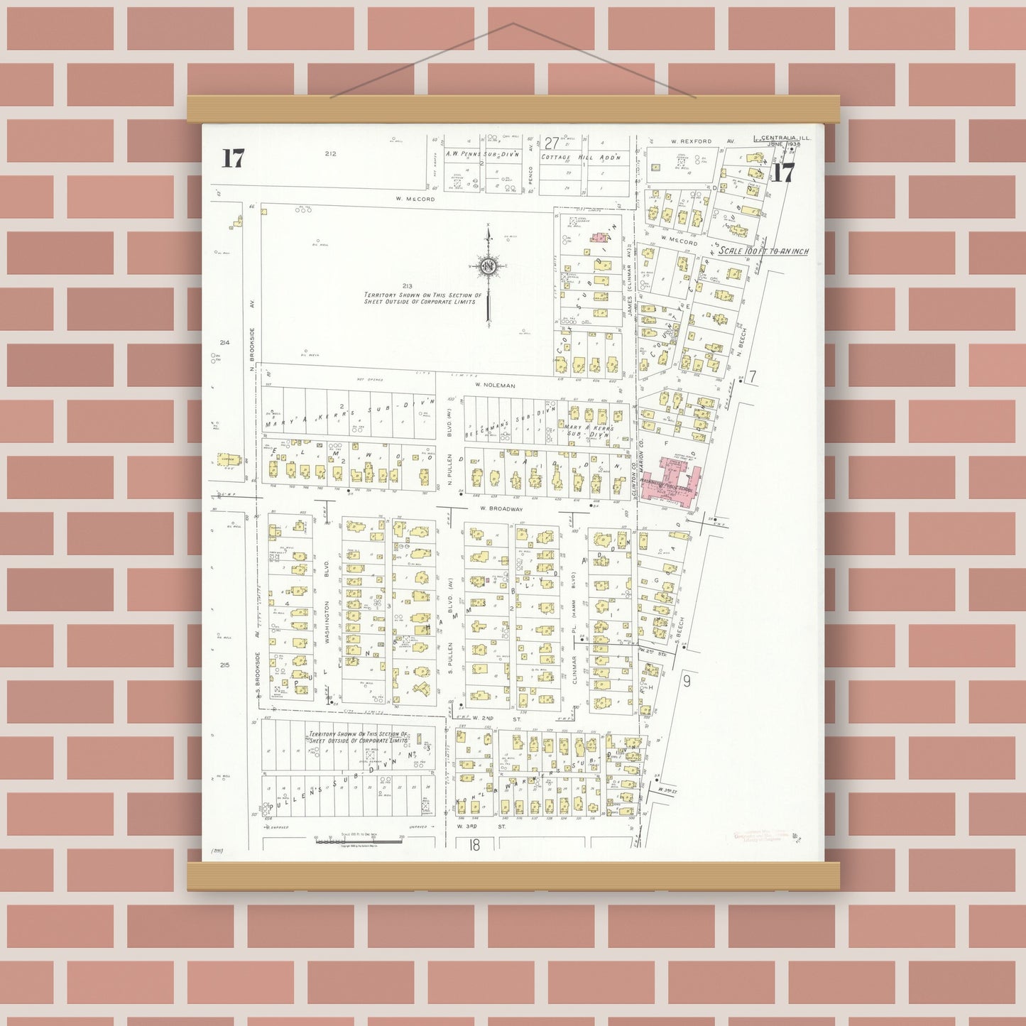 Old map wall art mockup — magnetic wood frame on brick wall — Sanborn Fire Insurance Map from Centralia, Marion, Clinton, Jefferson, and Washington Counties, Illinois (1938), Sheet #0017