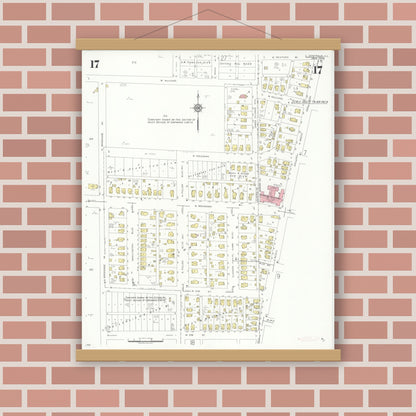 Old map wall art mockup — magnetic wood frame on brick wall — Sanborn Fire Insurance Map from Centralia, Marion, Clinton, Jefferson, and Washington Counties, Illinois (1938), Sheet #0017