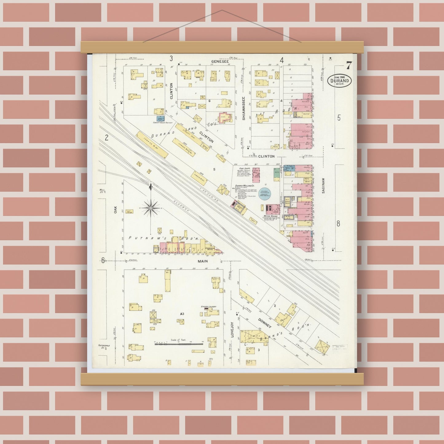 Old map wall art mockup — magnetic wood frame on brick wall — Sanborn Fire Insurance Map from Durand, Shiawassee County, Michigan (1908), Sheet #0007