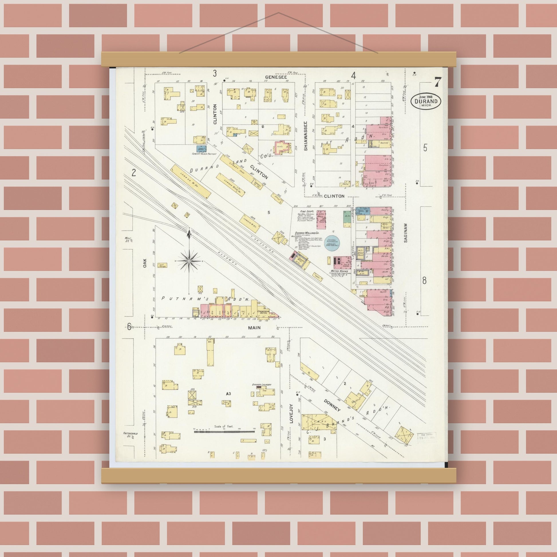 Old map wall art mockup — magnetic wood frame on brick wall — Sanborn Fire Insurance Map from Durand, Shiawassee County, Michigan (1908), Sheet #0007