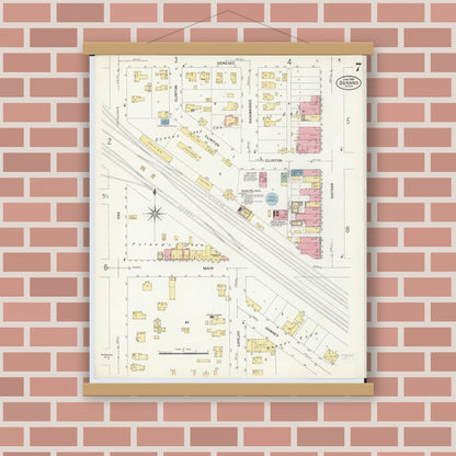 Old map wall art mockup — magnetic wood frame on brick wall — Sanborn Fire Insurance Map from Durand, Shiawassee County, Michigan (1908), Sheet #0007