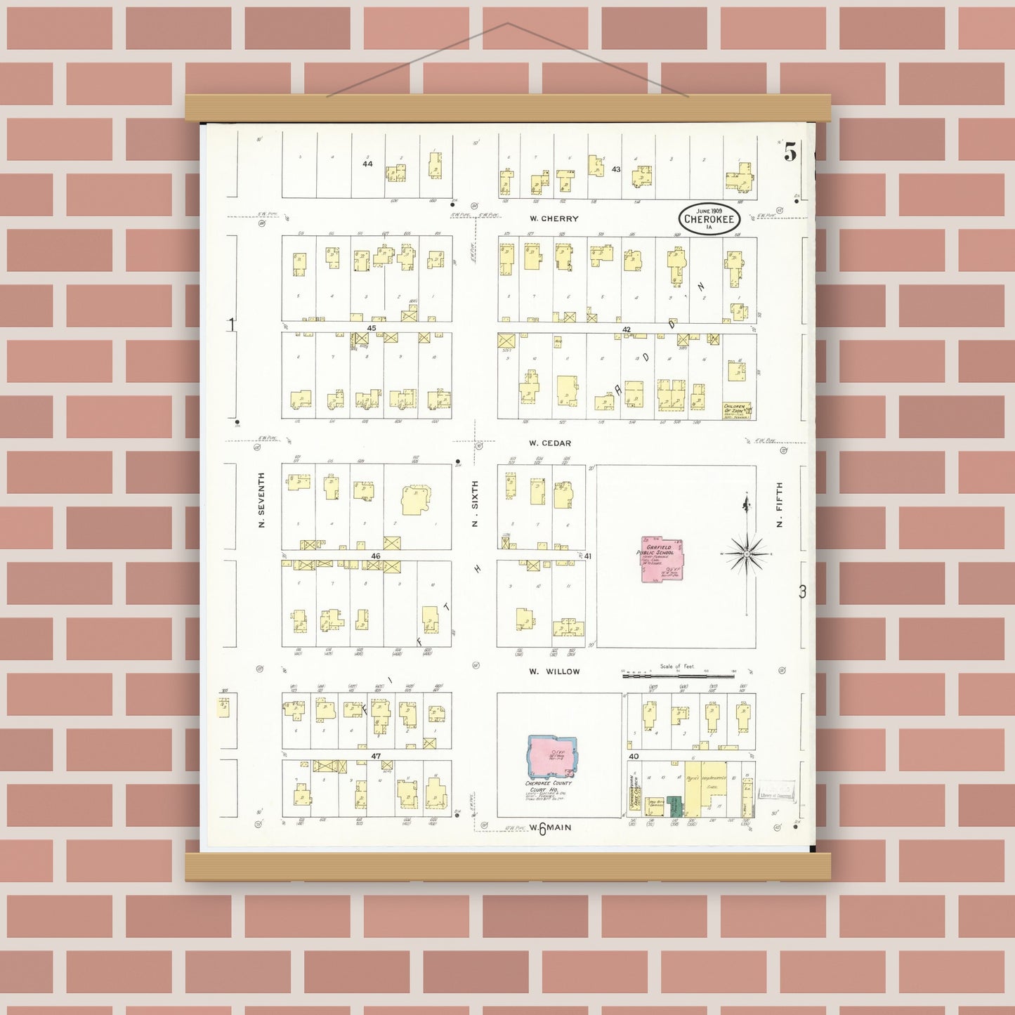 Old map wall art mockup — magnetic wood frame on brick wall — Sanborn Fire Insurance Map from Cherokee, Cherokee County, Iowa (1909), Sheet #0005