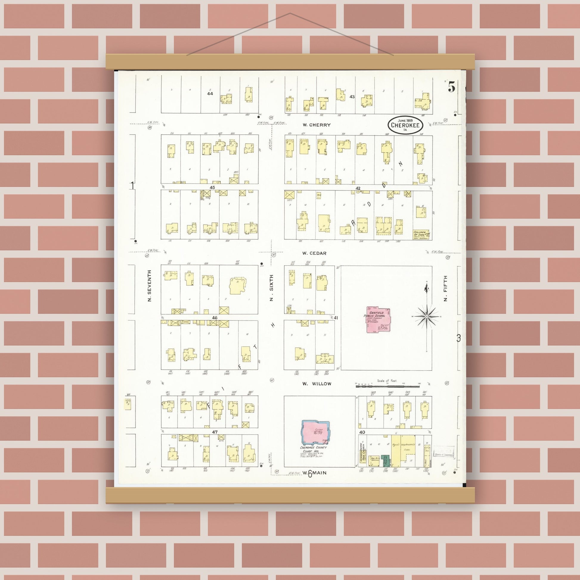 Old map wall art mockup — magnetic wood frame on brick wall — Sanborn Fire Insurance Map from Cherokee, Cherokee County, Iowa (1909), Sheet #0005