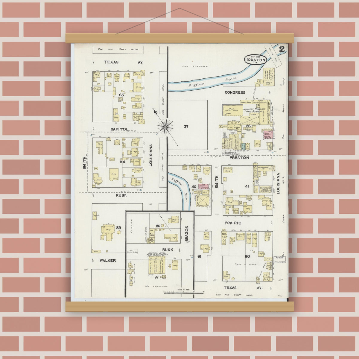 Old map wall art mockup — magnetic wood frame on brick wall — Sanborn Fire Insurance Map from Houston, Harris County, Texas (1890), Sheet #0002