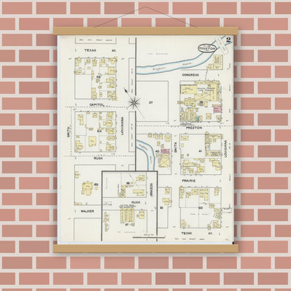 Old map wall art mockup — magnetic wood frame on brick wall — Sanborn Fire Insurance Map from Houston, Harris County, Texas (1890), Sheet #0002