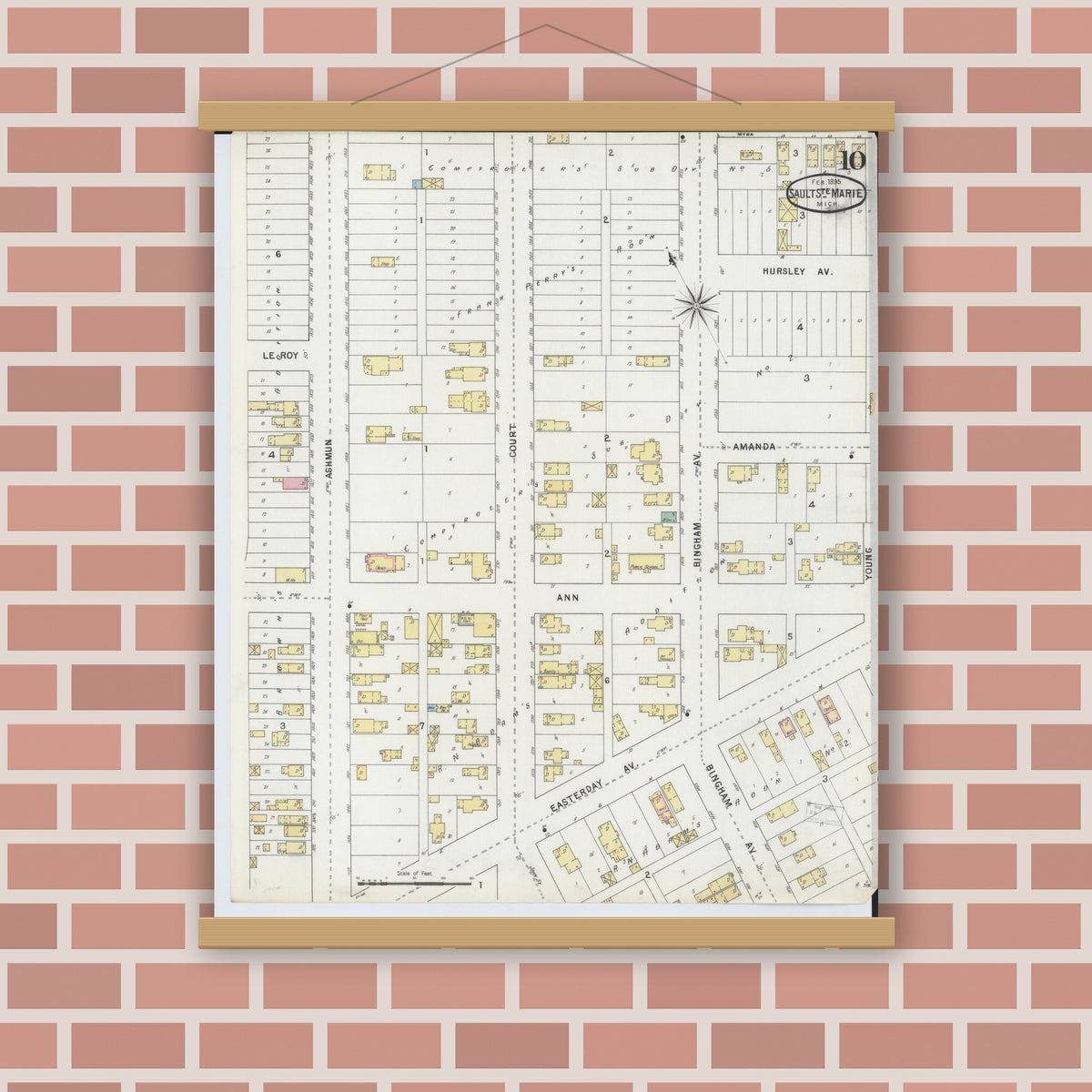 Old map wall art mockup — magnetic wood frame on brick wall — Sanborn Fire Insurance Map from Sault Sainte Marie, Chippewa County, Michigan (1895), Sheet #0010
