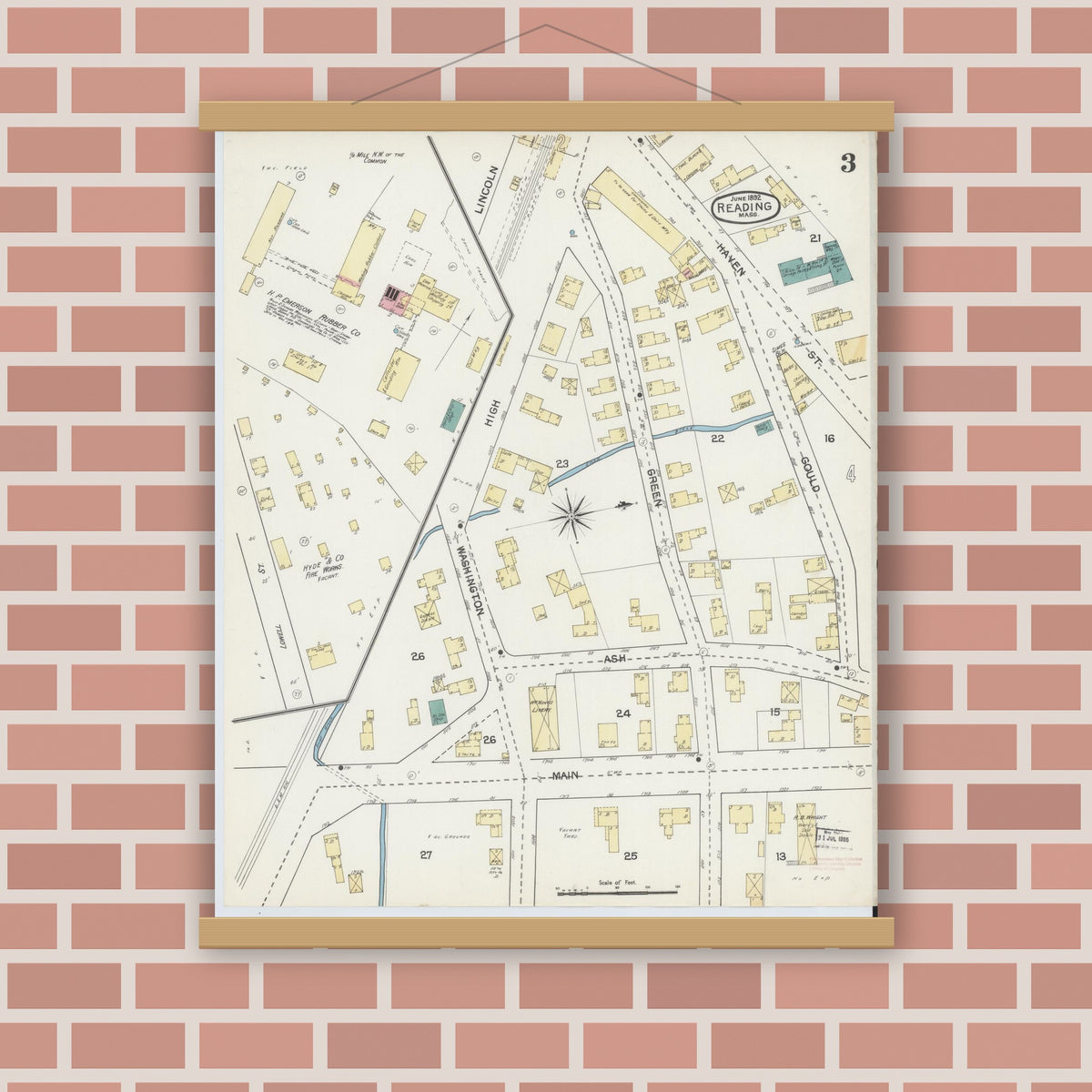 Old map wall art mockup — magnetic wood frame on brick wall — Sanborn Fire Insurance Map from Reading, Middlesex County, Massachusetts (1892), Sheet #0003