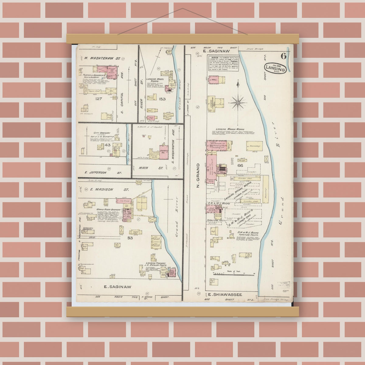 Old map wall art mockup — magnetic wood frame on brick wall — Sanborn Fire Insurance Map from Lansing, Ingham County, Michigan (1885), Sheet #0006