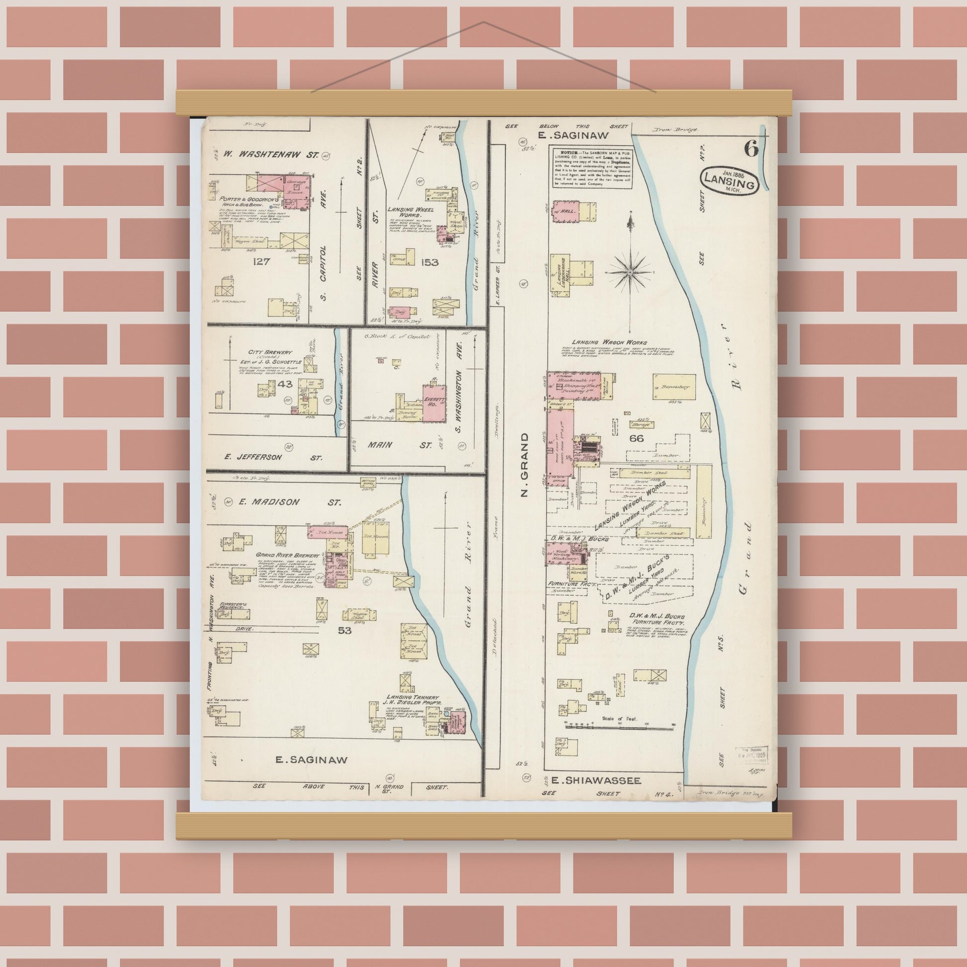 Old map wall art mockup — magnetic wood frame on brick wall — Sanborn Fire Insurance Map from Lansing, Ingham County, Michigan (1885), Sheet #0006