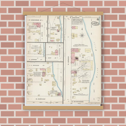 Old map wall art mockup — magnetic wood frame on brick wall — Sanborn Fire Insurance Map from Lansing, Ingham County, Michigan (1885), Sheet #0006