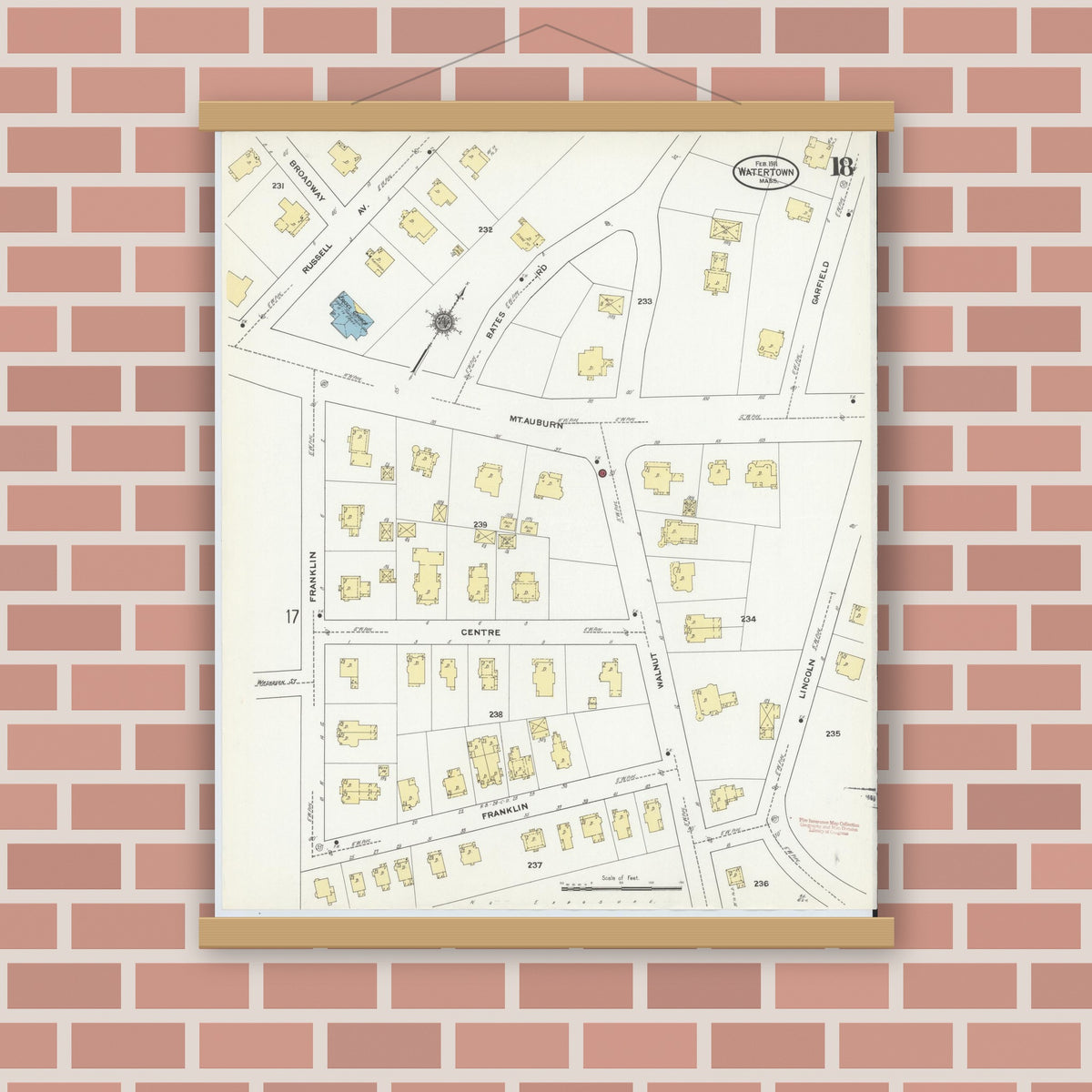 Old map wall art mockup — magnetic wood frame on brick wall — Sanborn Fire Insurance Map from Watertown, Middlesex County, Massachusetts (1911), Sheet #0018