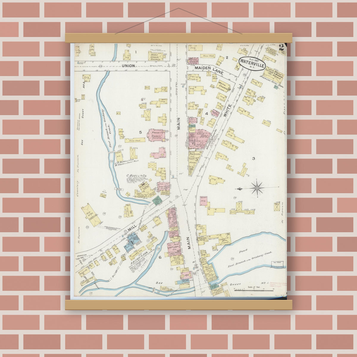 Old map wall art mockup — magnetic wood frame on brick wall — Sanborn Fire Insurance Map from Waterville, Oneida County, New York (1887), Sheet #0002