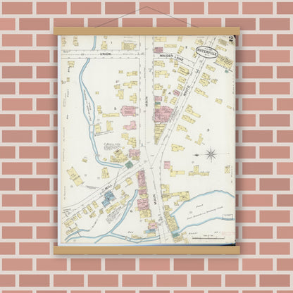 Old map wall art mockup — magnetic wood frame on brick wall — Sanborn Fire Insurance Map from Waterville, Oneida County, New York (1887), Sheet #0002