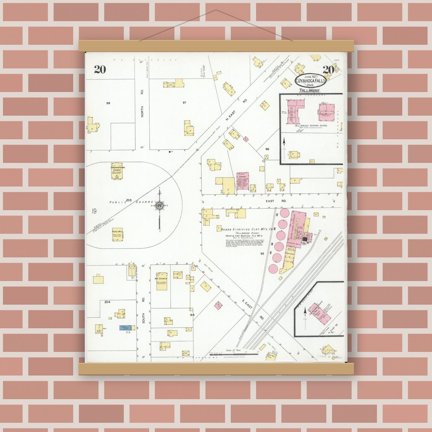 Old map wall art mockup — magnetic wood frame on brick wall — Sanborn Fire Insurance Map from Cuyahoga Falls, Summit County, Ohio (1927), Sheet #0020