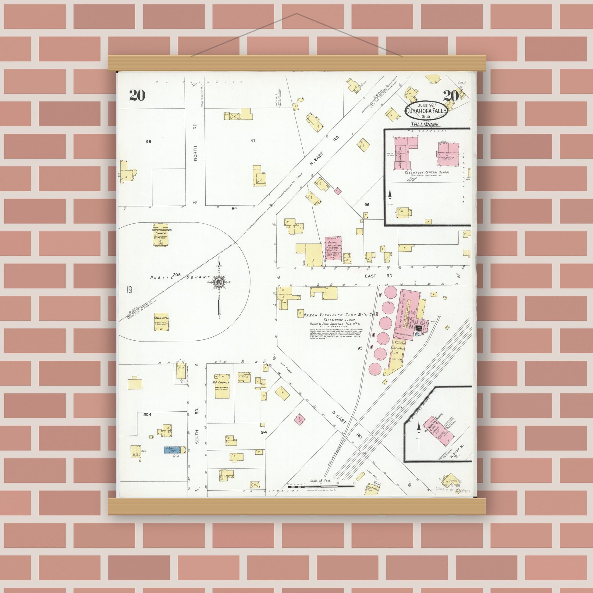 Old map wall art mockup — magnetic wood frame on brick wall — Sanborn Fire Insurance Map from Cuyahoga Falls, Summit County, Ohio (1927), Sheet #0020