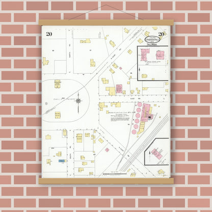 Old map wall art mockup — magnetic wood frame on brick wall — Sanborn Fire Insurance Map from Cuyahoga Falls, Summit County, Ohio (1927), Sheet #0020