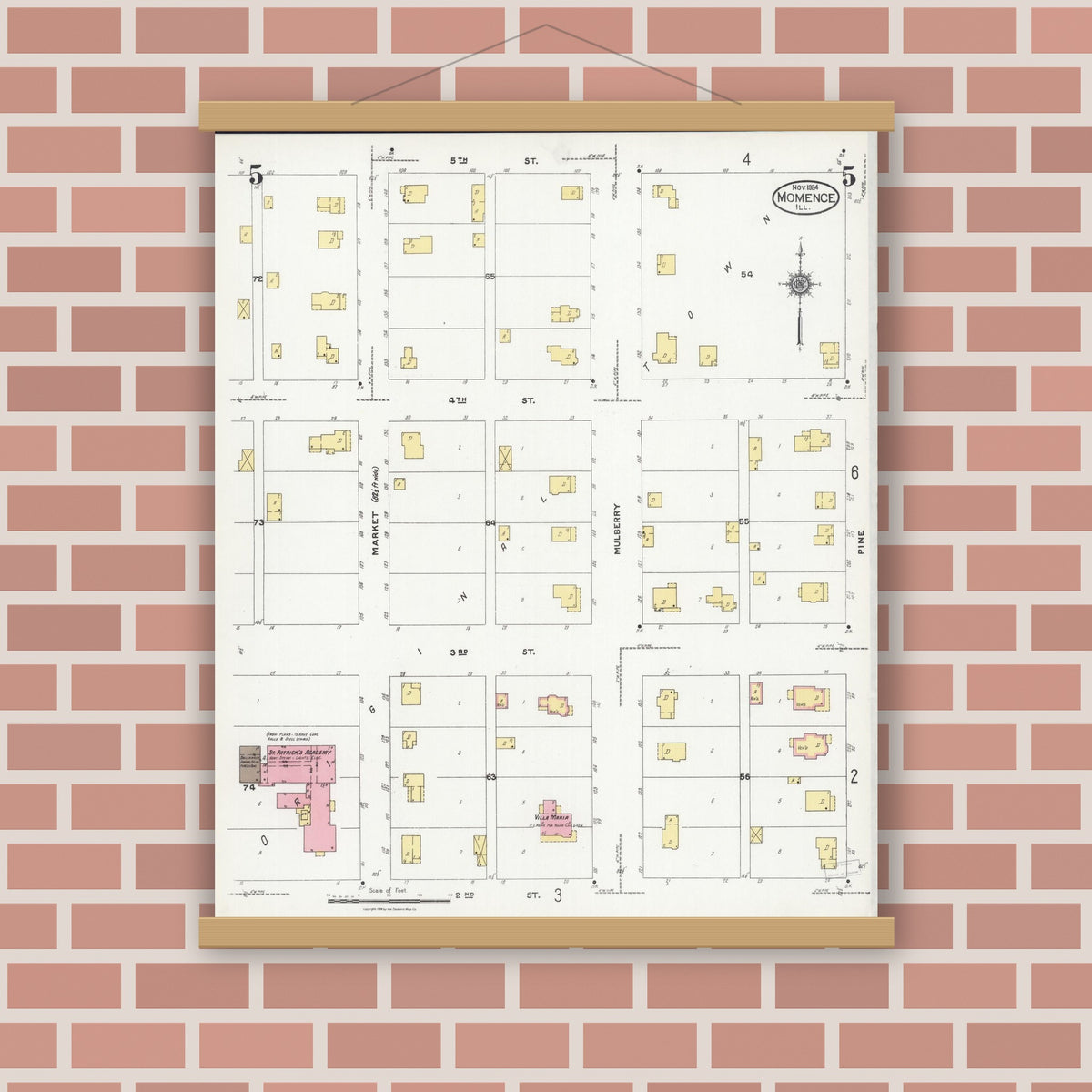 Old map wall art mockup — magnetic wood frame on brick wall — Sanborn Fire Insurance Map from Momence, Kankakee County, Illinois (1924), Sheet #0005