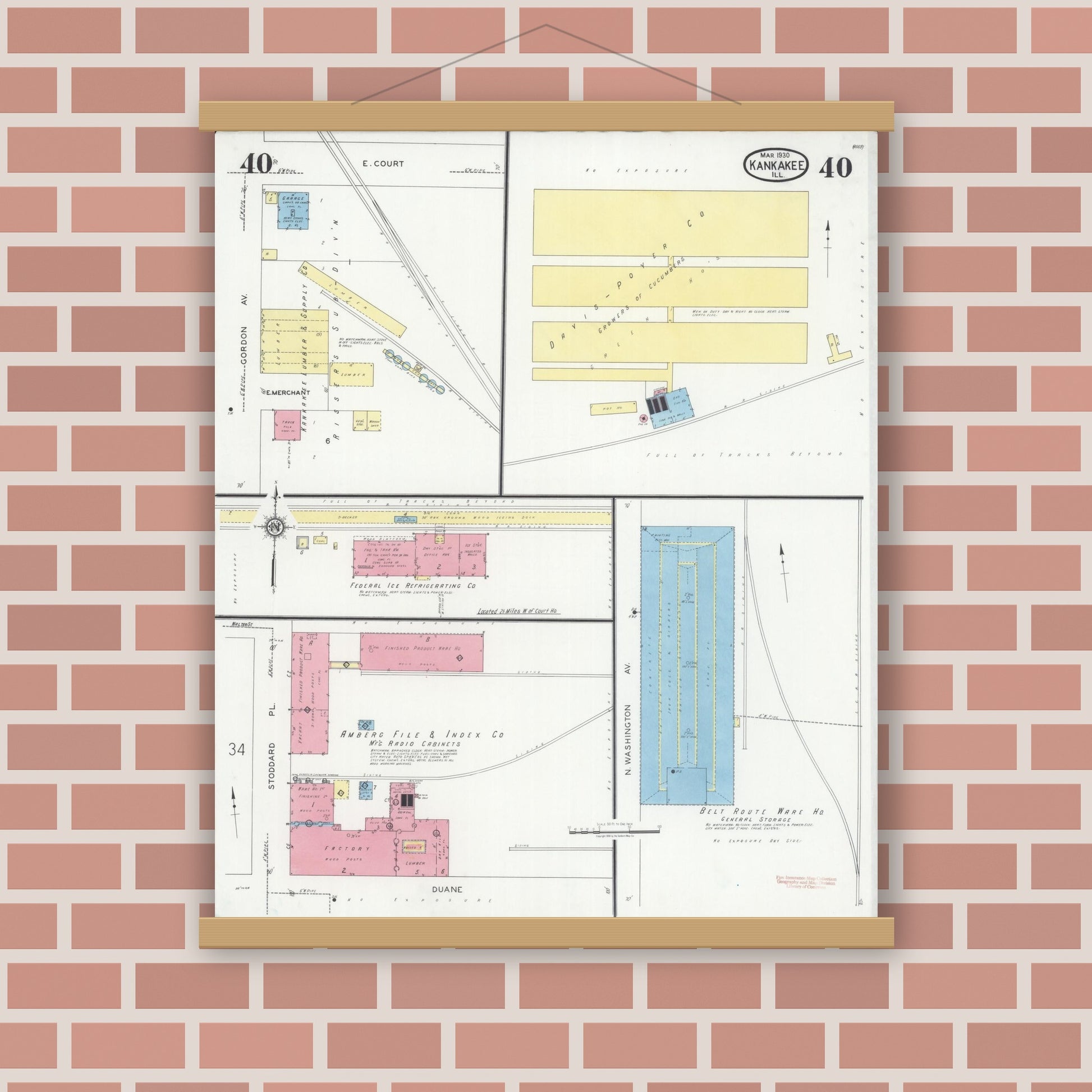 Old map wall art mockup — magnetic wood frame on brick wall — Sanborn Fire Insurance Map from Kankakee, Kankakee County, Illinois (1930), Sheet #0040