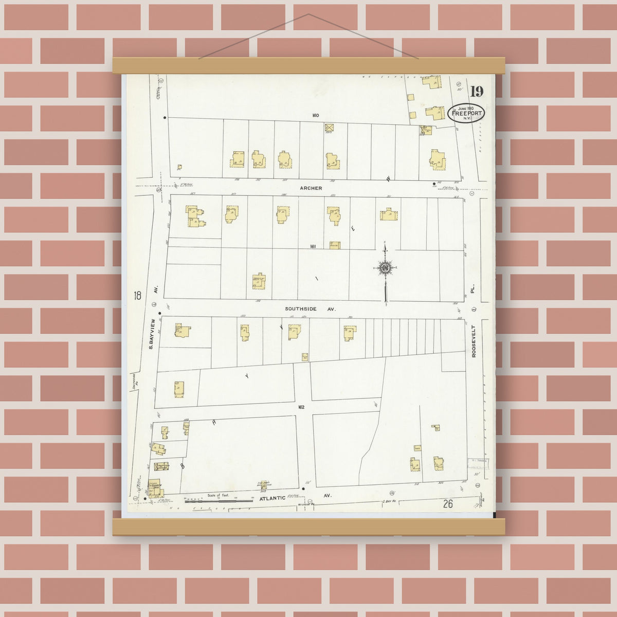 Old map wall art mockup — magnetic wood frame on brick wall — Sanborn Fire Insurance Map from Freeport, Nassau County, New York (1910), Sheet #0019
