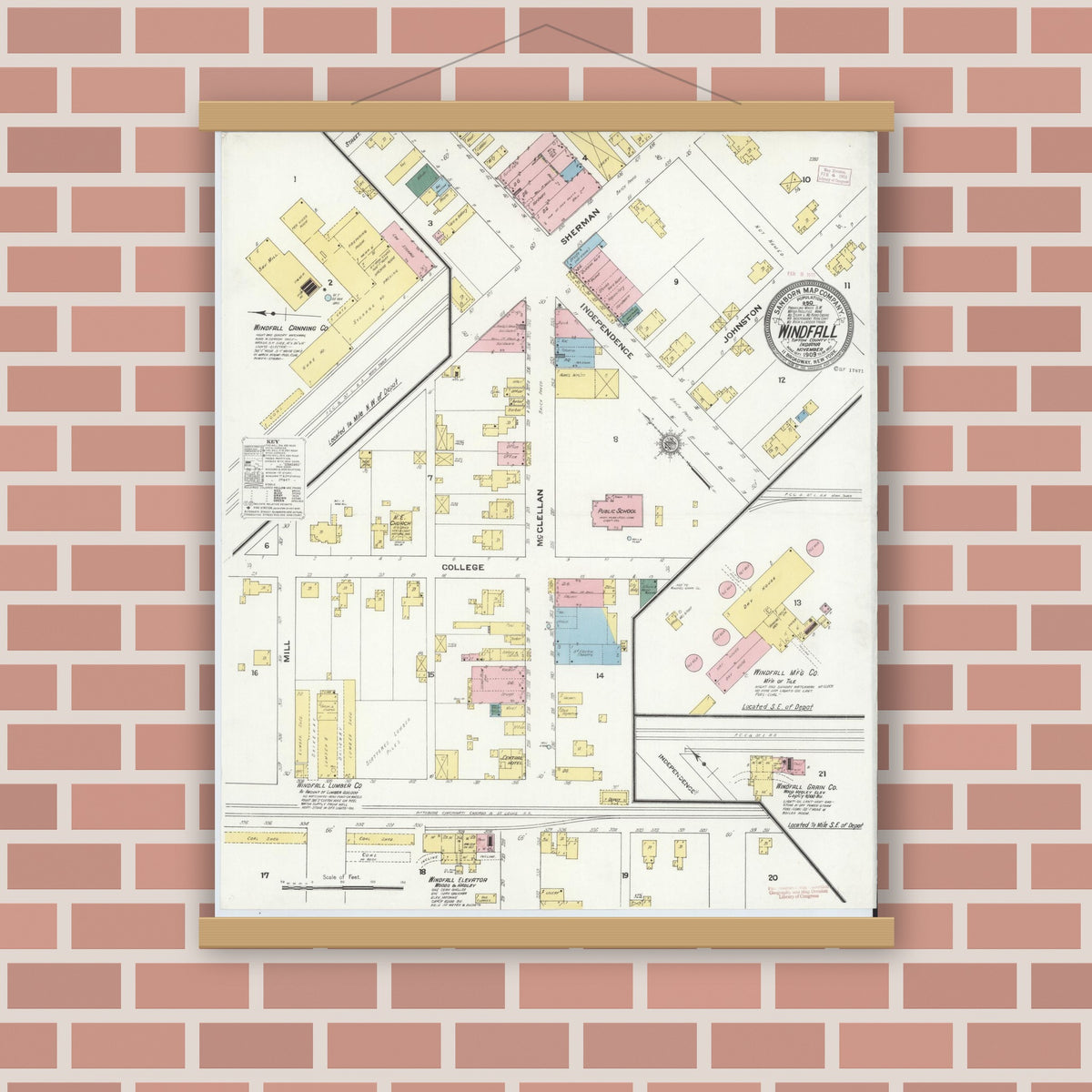 Old map wall art mockup — magnetic wood frame on brick wall — Sanborn Fire Insurance Map from Windfall, Tipton County, Indiana (1909), Sheet #0001