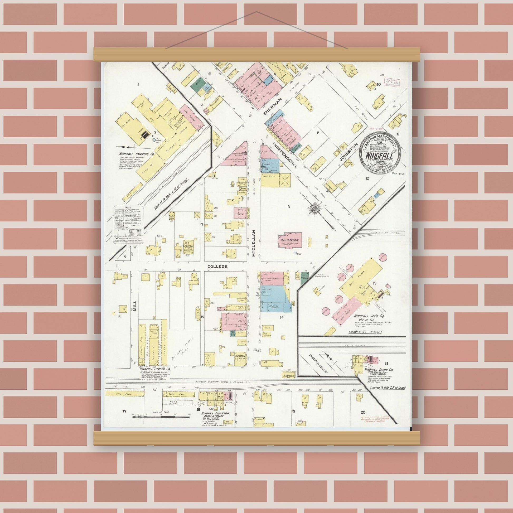 Old map wall art mockup — magnetic wood frame on brick wall — Sanborn Fire Insurance Map from Windfall, Tipton County, Indiana (1909), Sheet #0001