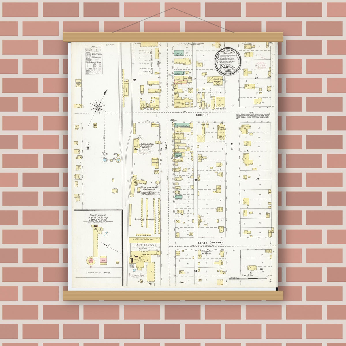 Old map wall art mockup — magnetic wood frame on brick wall — Sanborn Fire Insurance Map from Gilman, Marshall County, Iowa (1895), Sheet #0001