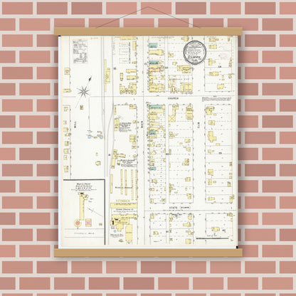 Old map wall art mockup — magnetic wood frame on brick wall — Sanborn Fire Insurance Map from Gilman, Marshall County, Iowa (1895), Sheet #0001