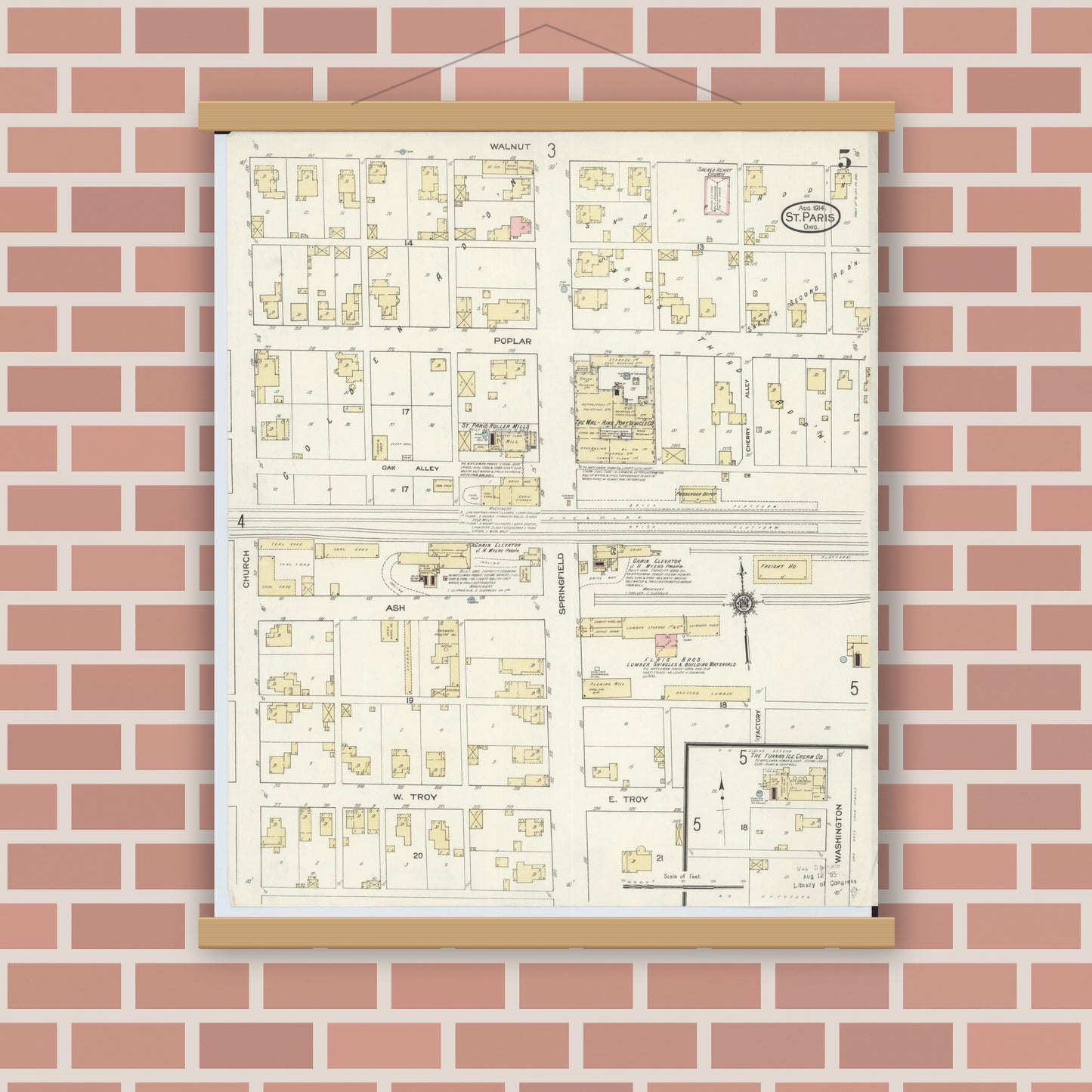 Old map wall art mockup — magnetic wood frame on brick wall — Sanborn Fire Insurance Map from Saint Paris, Champaign County, Ohio (1914), Sheet #0005