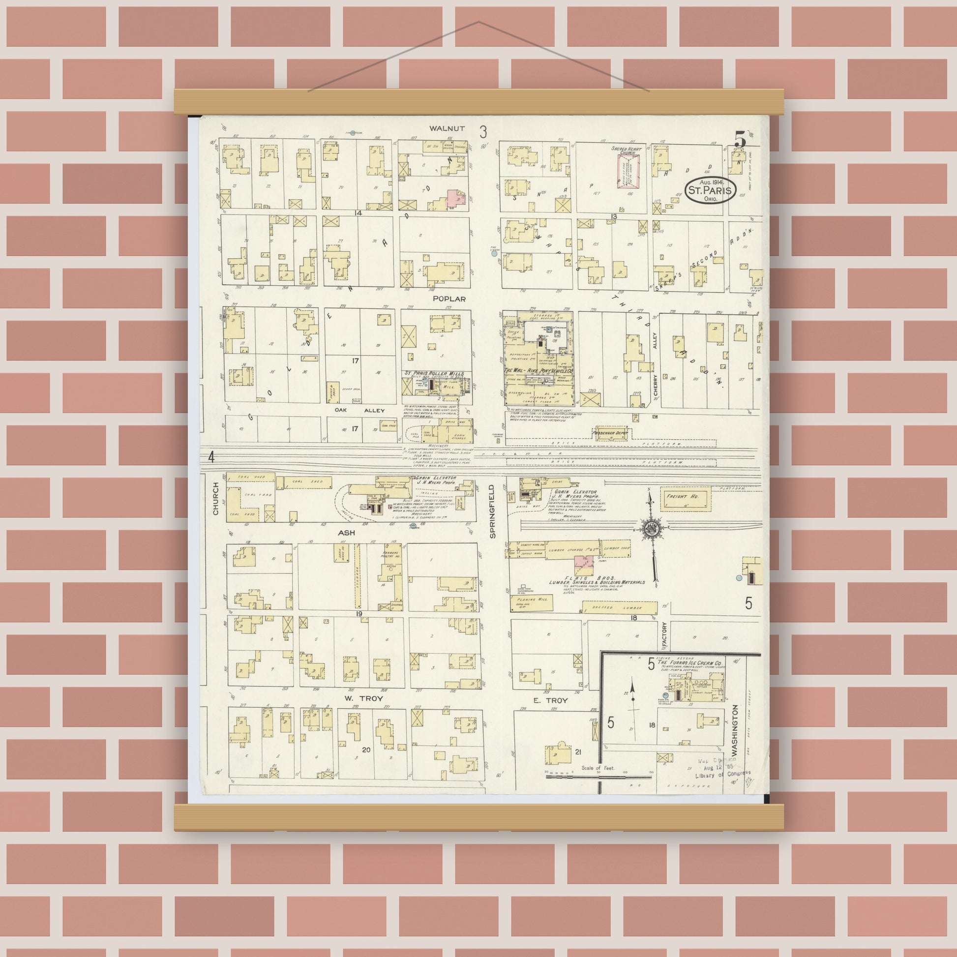 Old map wall art mockup — magnetic wood frame on brick wall — Sanborn Fire Insurance Map from Saint Paris, Champaign County, Ohio (1914), Sheet #0005