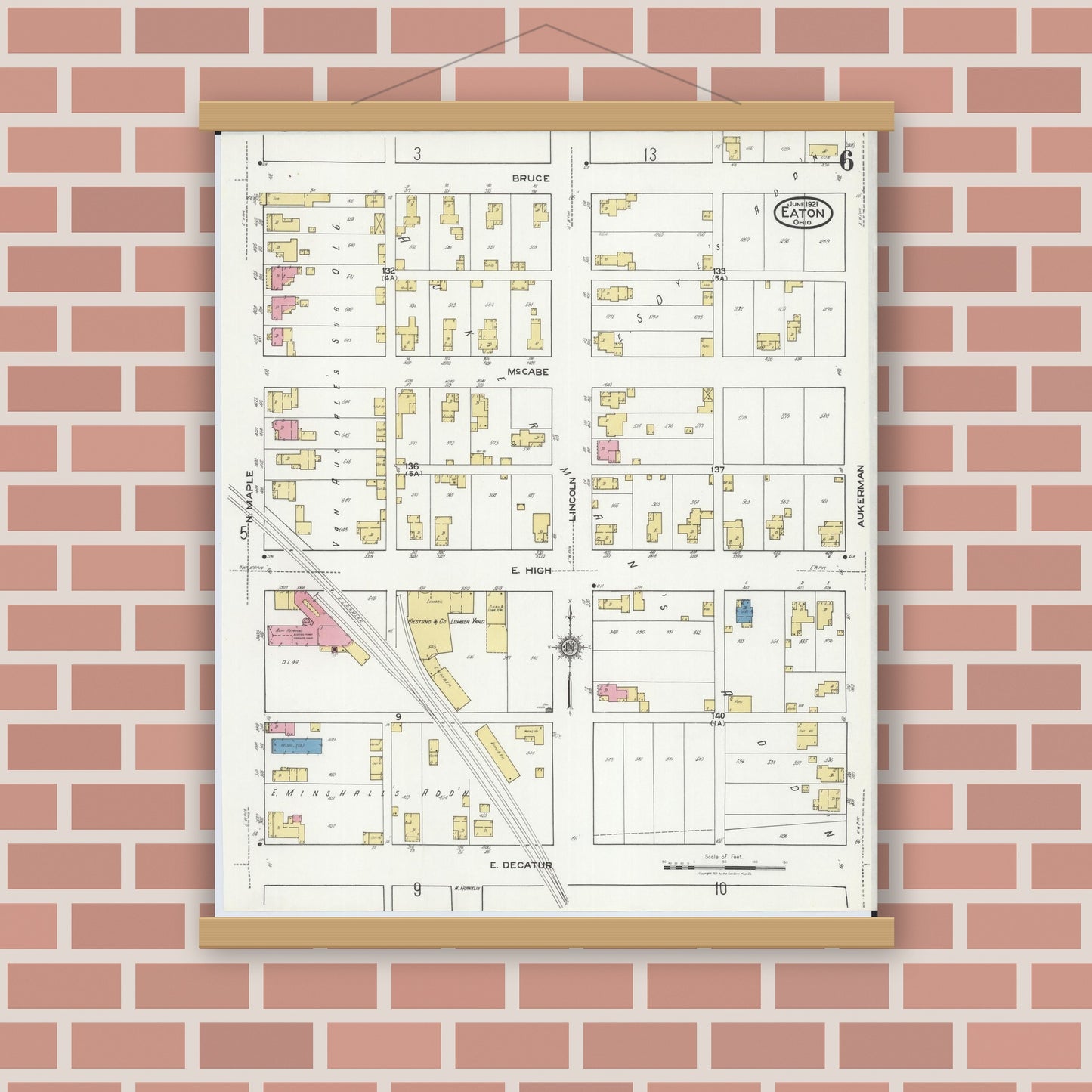 Old map wall art mockup — magnetic wood frame on brick wall — Sanborn Fire Insurance Map from Eaton, Preble County, Ohio (1921), Sheet #0006