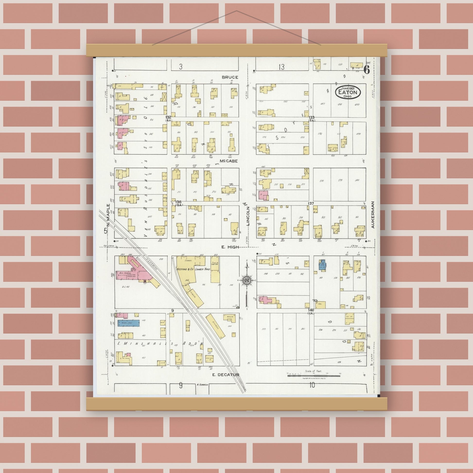 Old map wall art mockup — magnetic wood frame on brick wall — Sanborn Fire Insurance Map from Eaton, Preble County, Ohio (1921), Sheet #0006