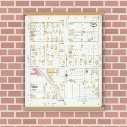 Old map wall art mockup — magnetic wood frame on brick wall — Sanborn Fire Insurance Map from Eaton, Preble County, Ohio (1921), Sheet #0006