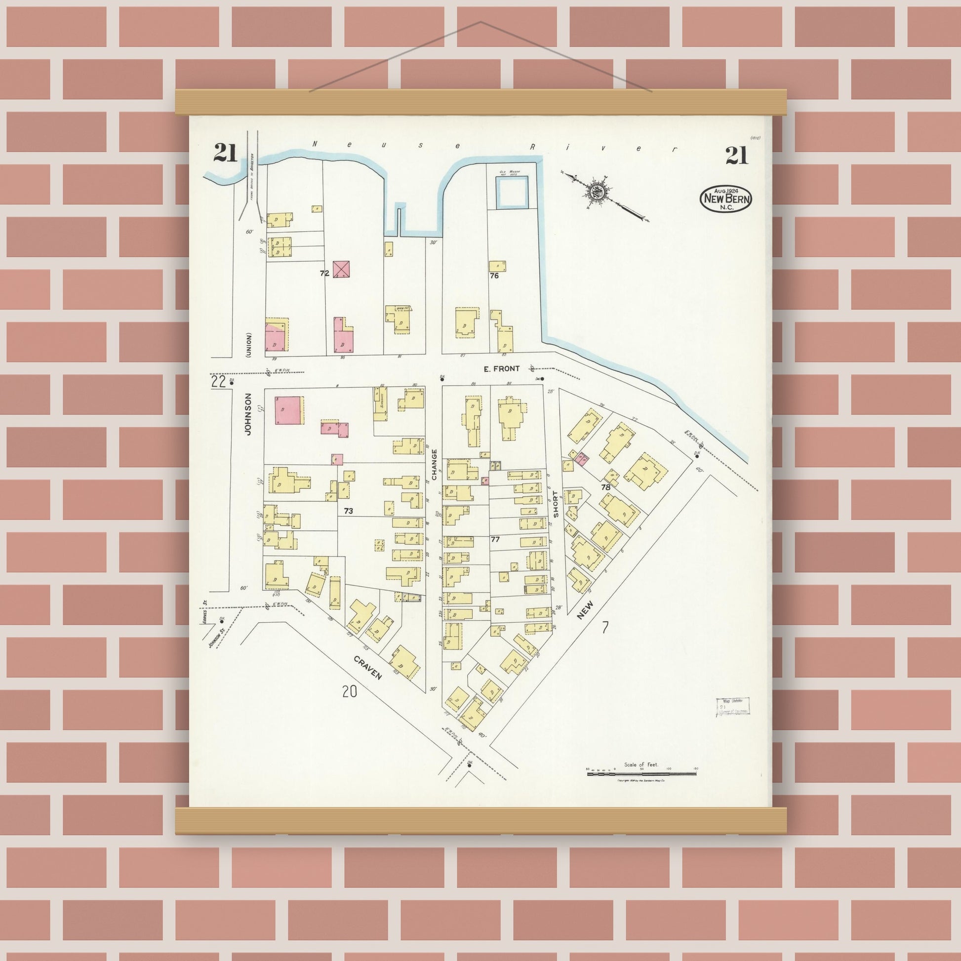 Old map wall art mockup — magnetic wood frame on brick wall — Sanborn Fire Insurance Map from New Bern, Craven County, North Carolina (1924), Sheet #0021