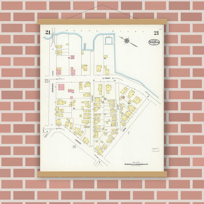 Old map wall art mockup — magnetic wood frame on brick wall — Sanborn Fire Insurance Map from New Bern, Craven County, North Carolina (1924), Sheet #0021